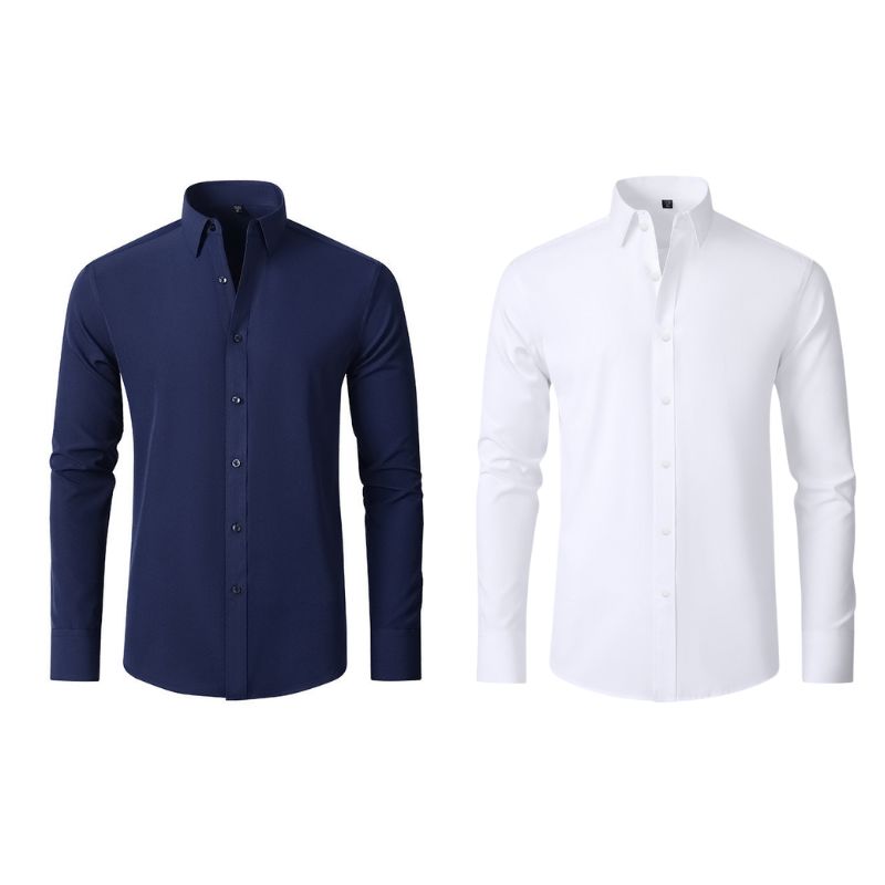 Compre 1 Leve 2 | Camisa Social Ultra Confort Anti amassados + Relogio de Brinde 131 A minha loja Azul Escuro e Branco P