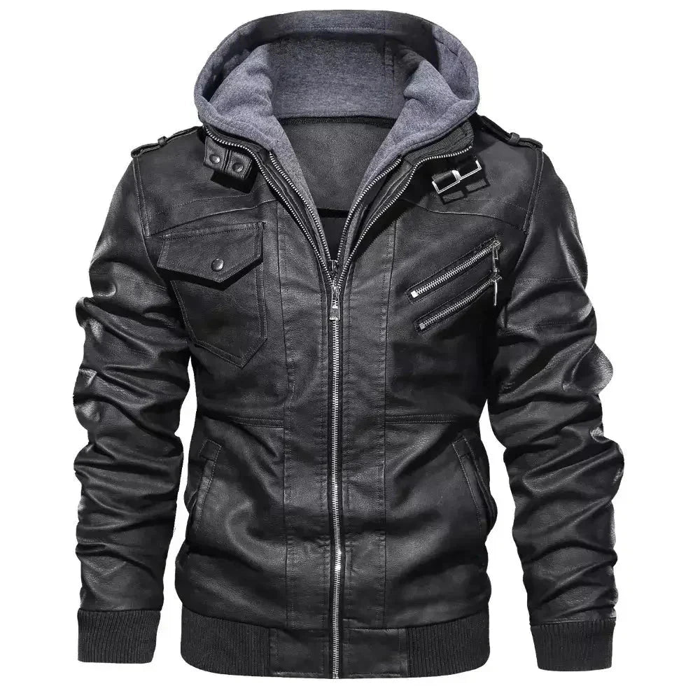 Jaqueta de Couro Masculina com Capuz Jaqueta de Couro Masculina com Capuz Removível Sr Alpha Preto P