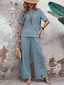 Conjunto Feminino de Linho com Blusa e Calça Pantalona