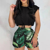 Conjunto de Verão Cropped + Short Cintura Alta Roupas (Conjunto Feminino 3) Dm Stores P Preto e Camuflado 