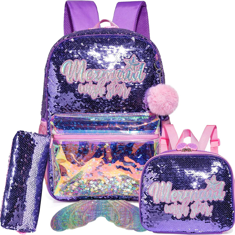Kit Escolar 4 Peças para Meninas: Mochila, Lancheira, Estojo e Chaveiro Acessório (Kit Escolar 2) Dm Stores Sereia 